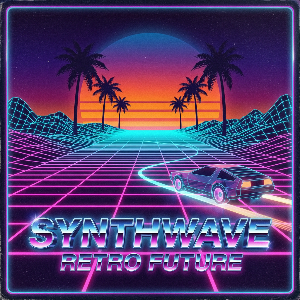 Retro AI image style 1980s synthwave scene with neon pink grid, purple sunset, and chrome typography
