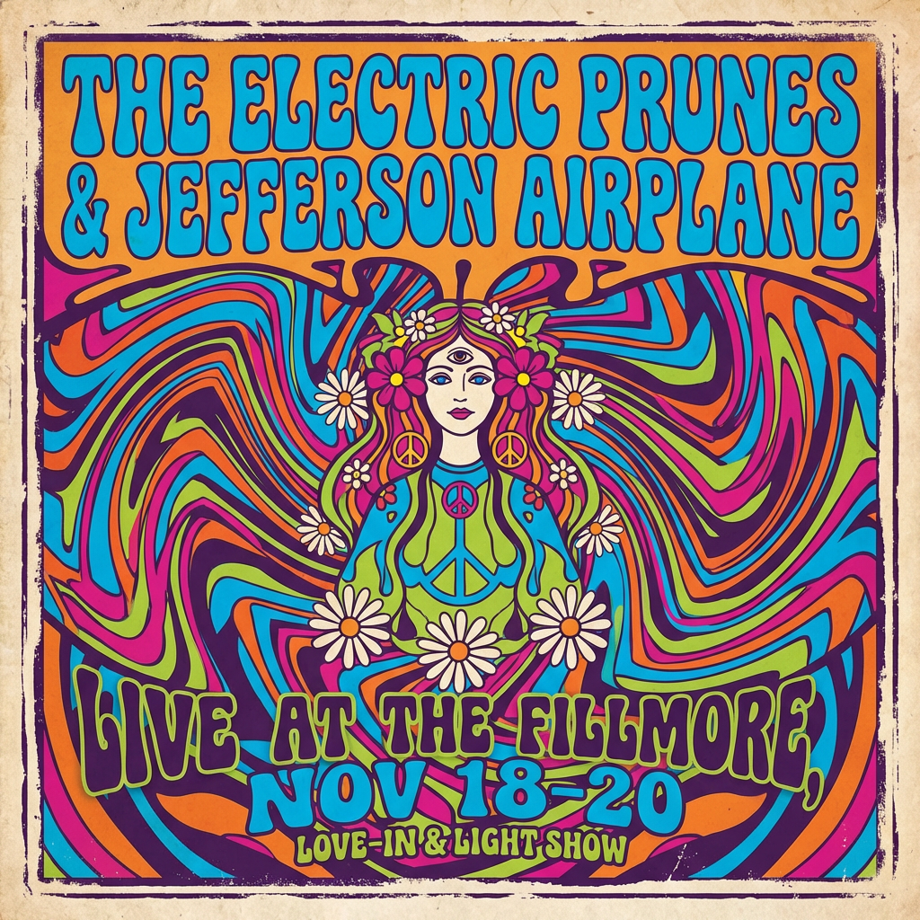 Retro AI image style 1960s psychedelic poster art with swirling patterns and groovy flower power colors