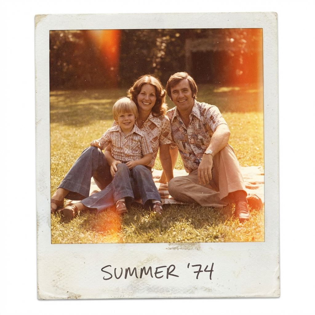 Retro AI image style vintage polaroid photograph with white border, faded colors, and light leaks