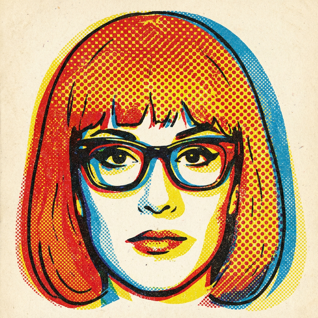 Retro AI image style Andy Warhol-inspired pop art portrait with halftone dots and bold primary colors