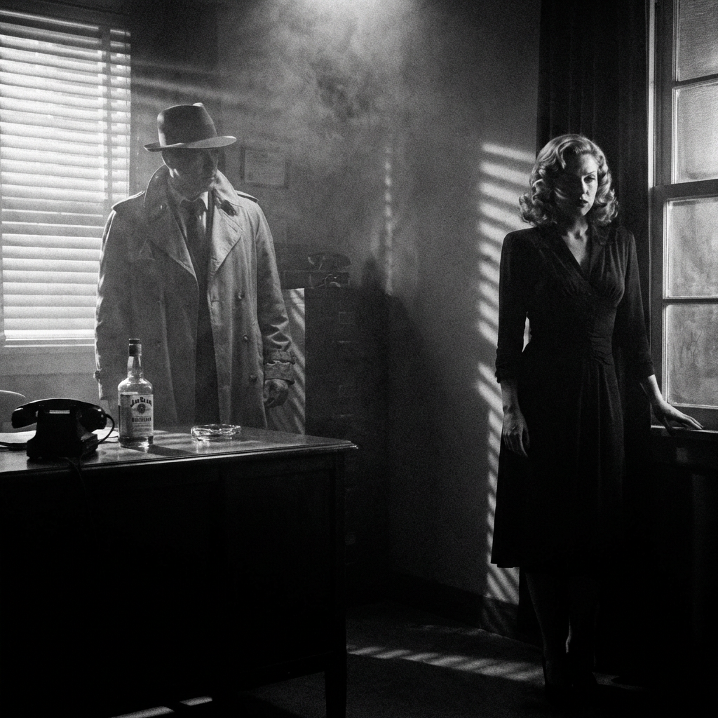 Retro AI image style classic noir black and white scene with dramatic chiaroscuro lighting