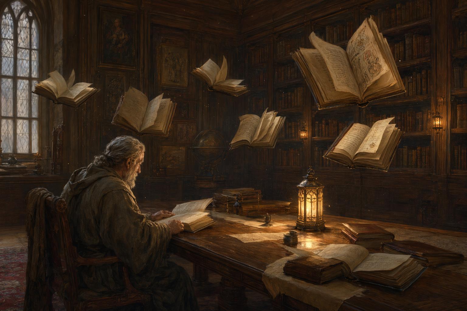 Old library with hovering books