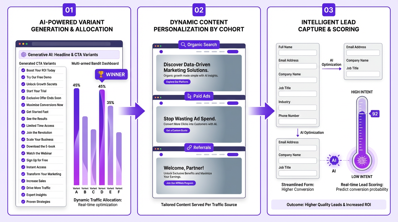 Three AI conversion optimization strategies: headline testing, dynamic personalization, and predictive lead scoring