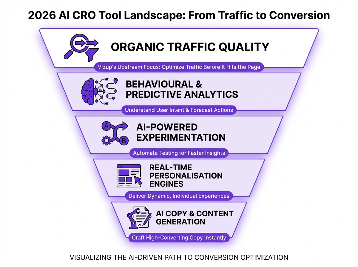 Diagram of the AI CRO tool landscape in 2026, showing five key categories: behavioral analytics, experimentation, personalization, copy generation, and traffic quality.
