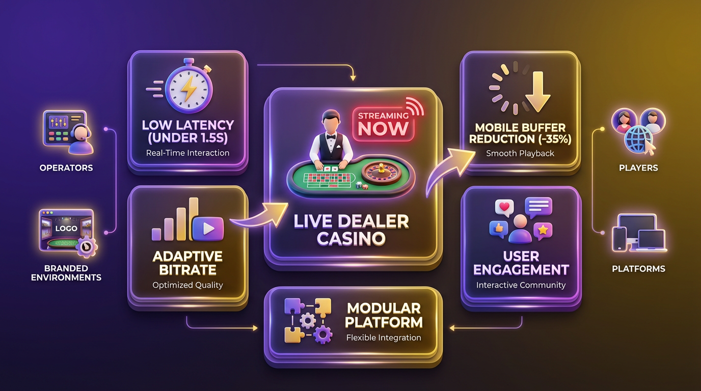 A vibrant 3D cluster scene featuring a central live dealer casino table card, surrounded by glossy feature cards and glowing icons.