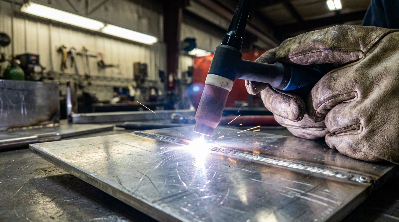TIG torch with blue-tipped tungsten laying down a clean fillet weld on aluminum plate
