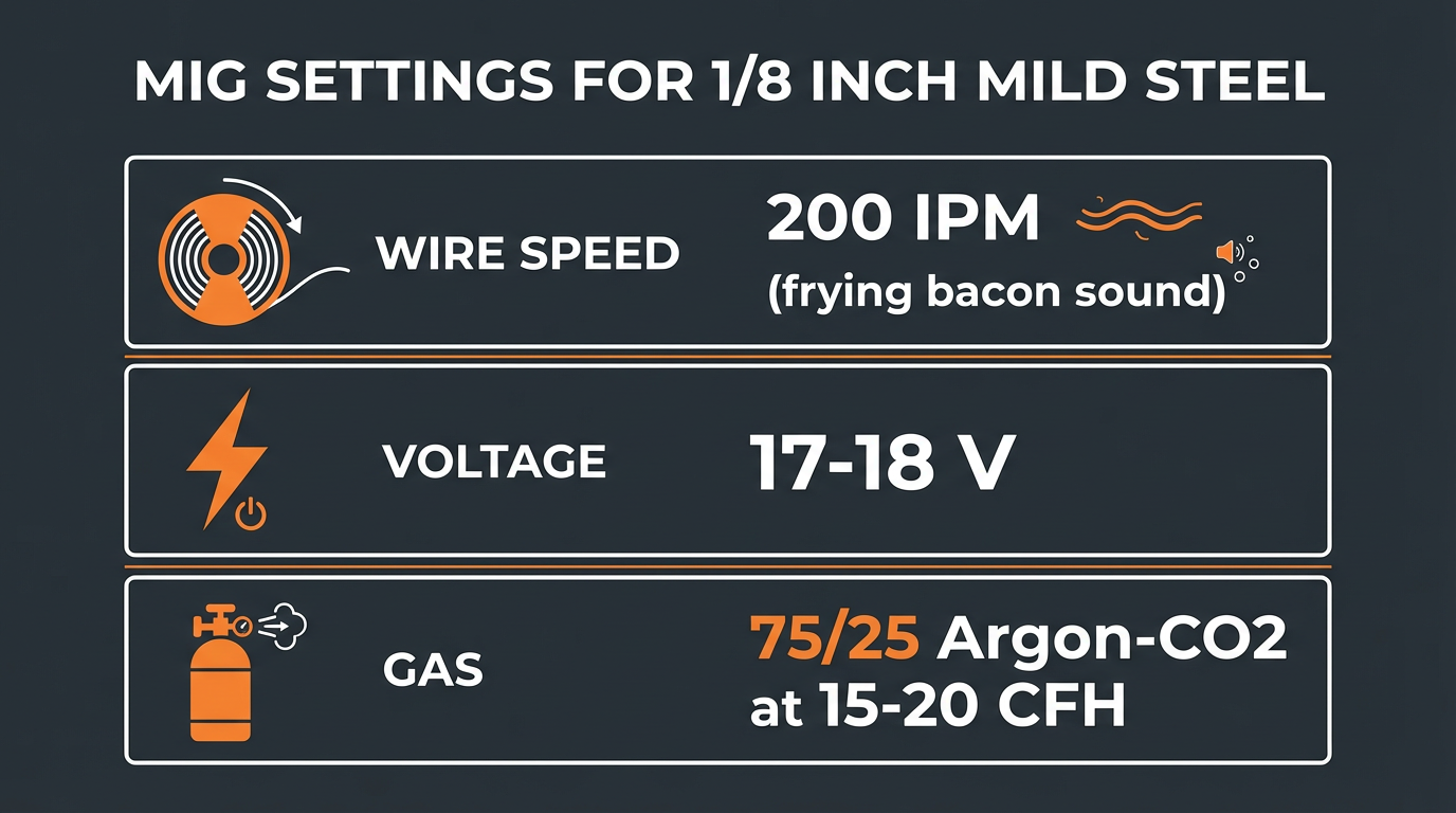 MIG settings infographic showing wire speed 200 IPM, voltage 17-18V, gas 75/25 Argon-CO2 at 15-20 CFH