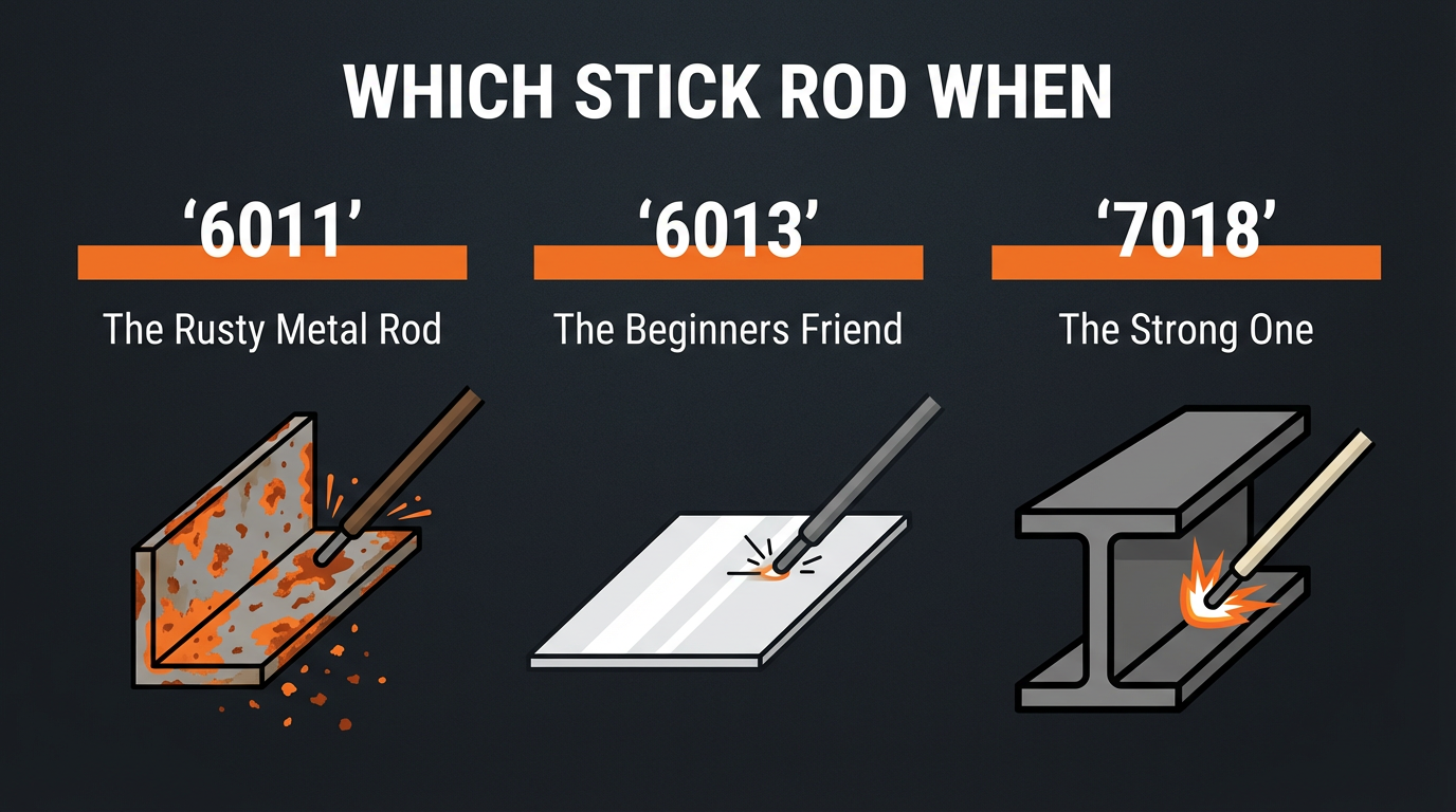 Infographic showing when to use 6011 rod for rusty outdoor metal, 6013 for thin clean cosmetic welds, 7018 for structural load-bearing work
