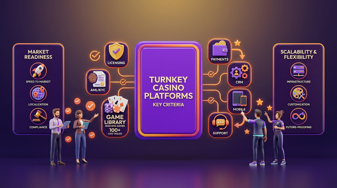 A vibrant 3D scene comparing casino platforms, featuring a central glossy purple card surrounded by colorful icons and operator avatars.