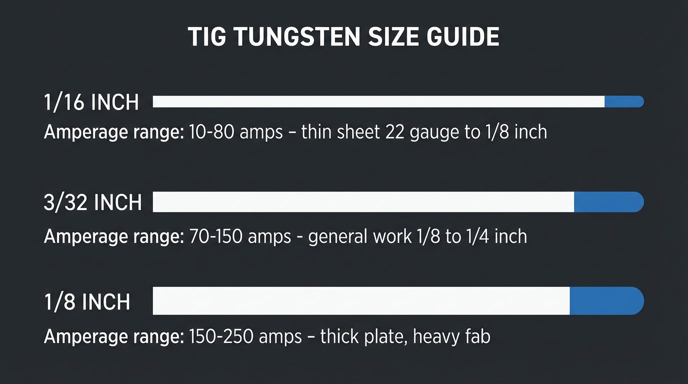 TIG tungsten size guide showing 1/16 inch for 10-80 amps, 3/32 inch for 70-150 amps, 1/8 inch for 150-250 amps