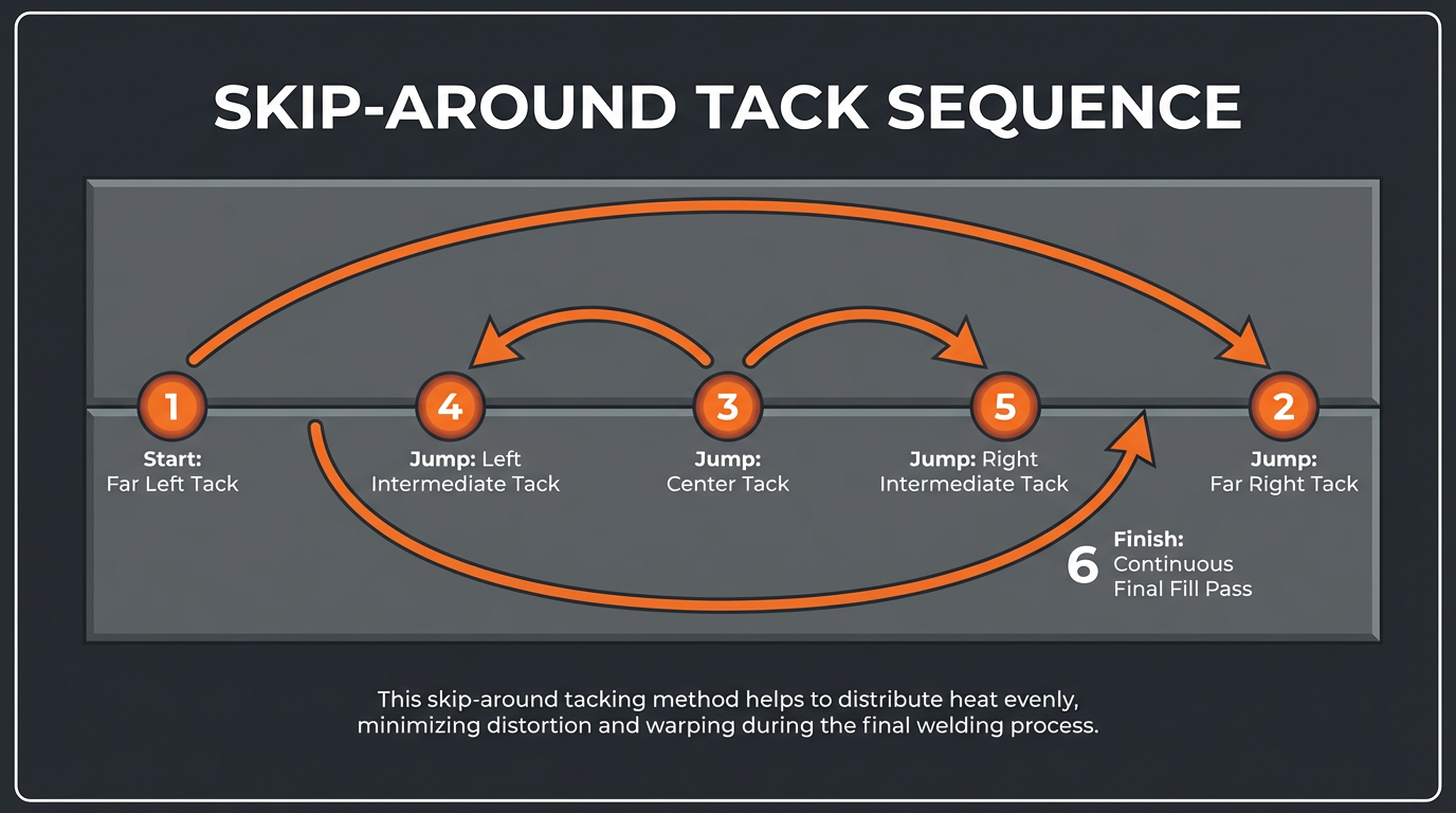 Skip-around tack welding sequence diagram showing numbered tacks 1 through 6 alternating across a seam