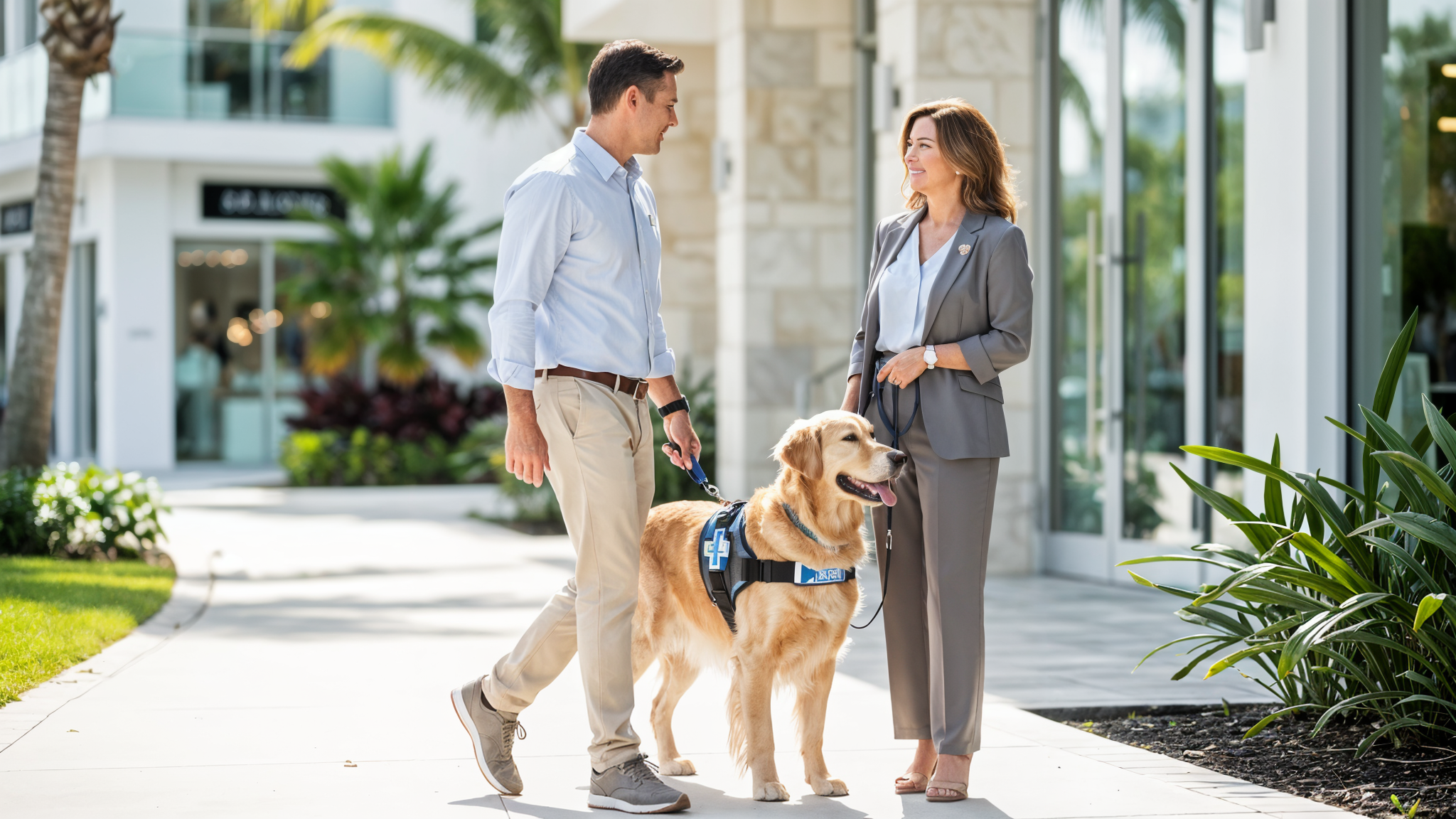 Professional service dog trainer and client walking with a trained dog in Miami