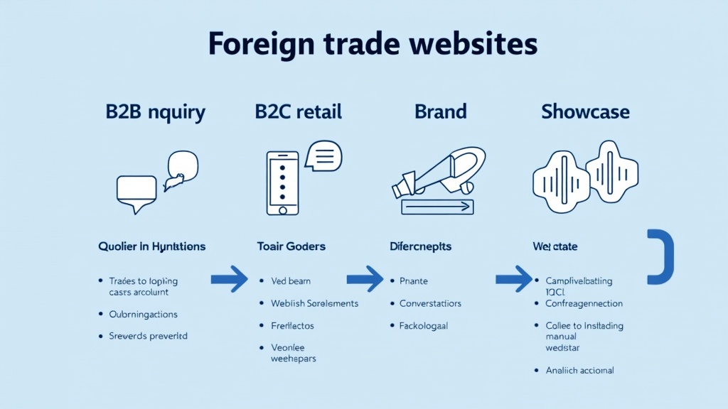 A simple flowchart showing three types of foreign trade websites: B2B inquiry, B2C retail, and brand showcase, with different conversion goals marked for each type