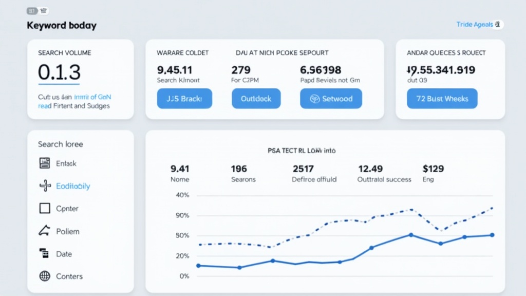 A screenshot-style illustration of keyword analysis interface showing search volume, CPC, and keyword difficulty metrics for B2B industrial keywords