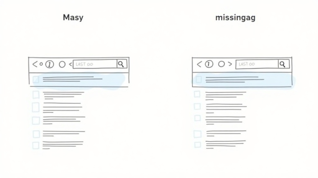 A comparison illustration showing two website structures side by side - one messy with poor URL structure and missing tags, another clean with proper SEO elements highlighted