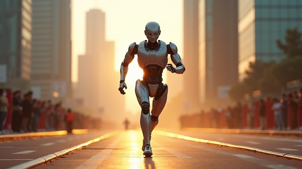 Detalle de las piernas mecánicas de un robot humanoide en la competición de Pekín