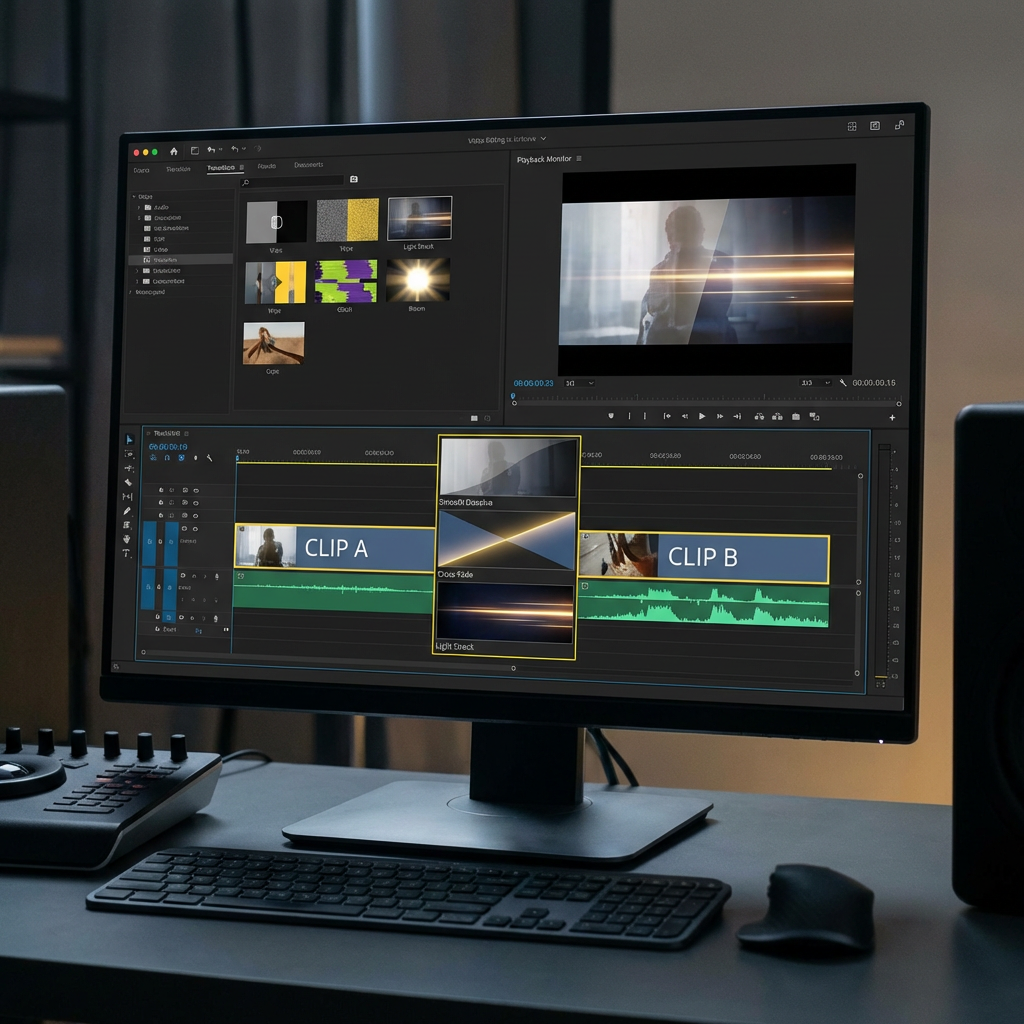Cinematic AI video transition effects timeline showing smooth dissolve cross-fade with light streaks and yellow accent highlights