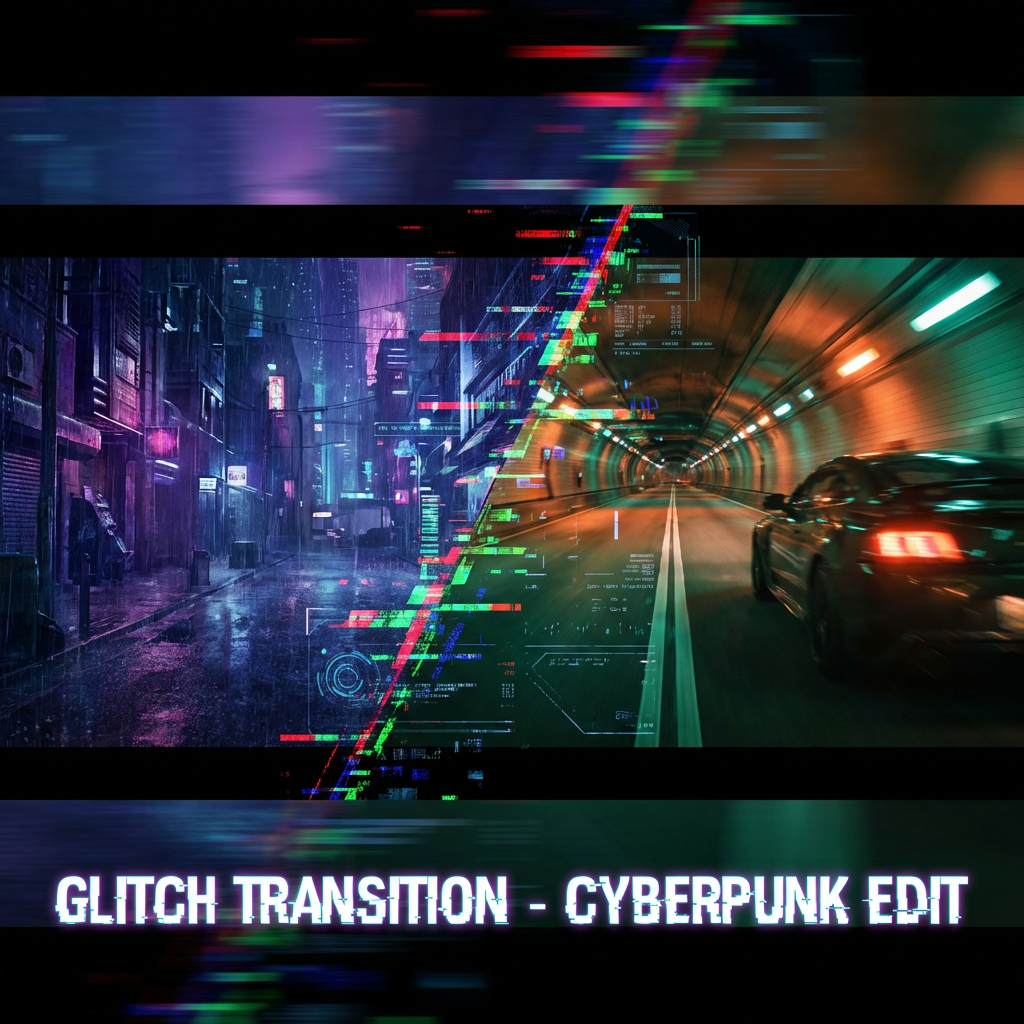 Dramatic glitch AI video transition effect with RGB split artifacts and cyberpunk neon glow between two movie scenes
