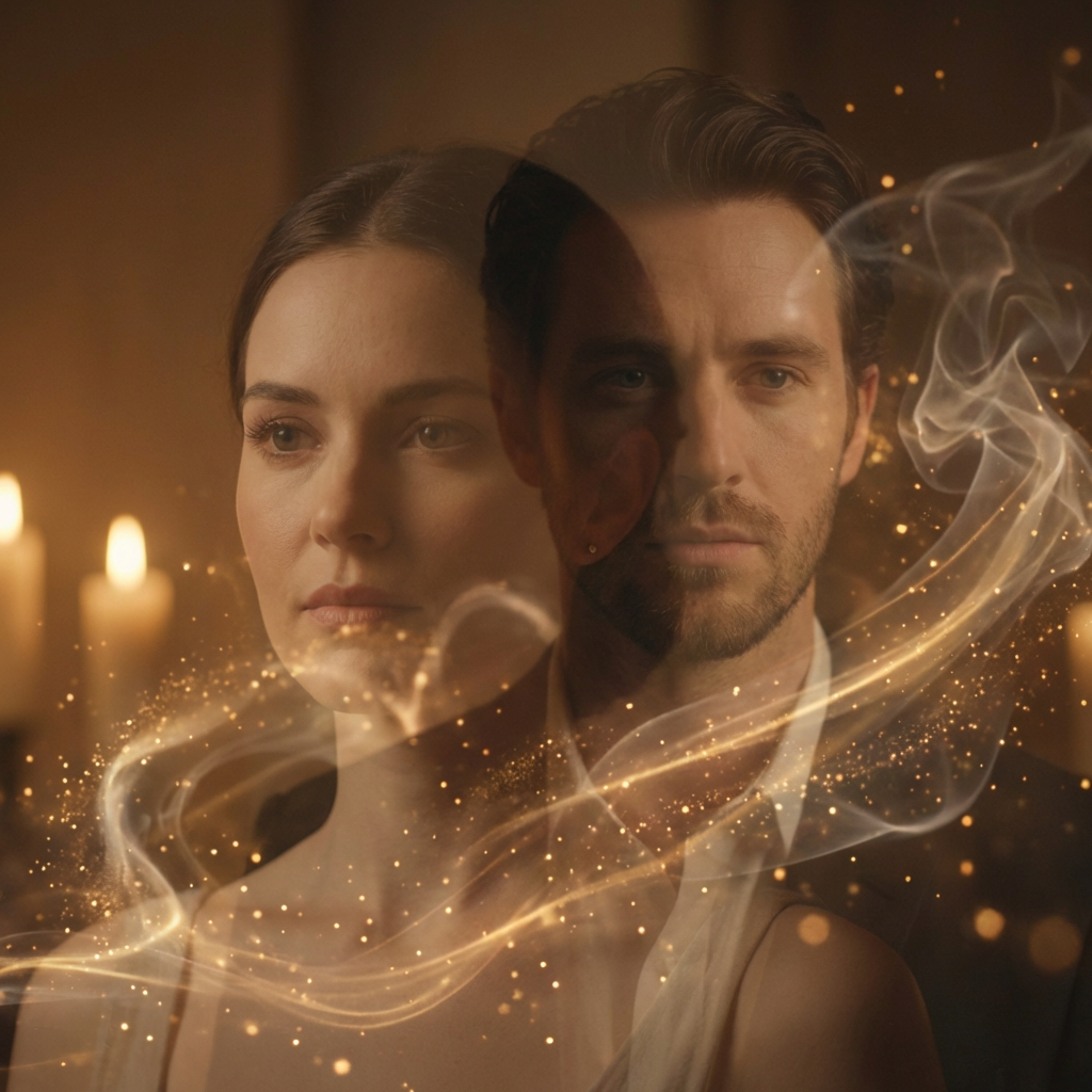 Elegant morph AI video transition effect blending portraits with flowing golden particles and ethereal smoke wisps