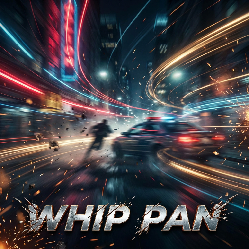 Action movie whip pan AI video transition effect with radial motion blur and explosive cinematic speed lines