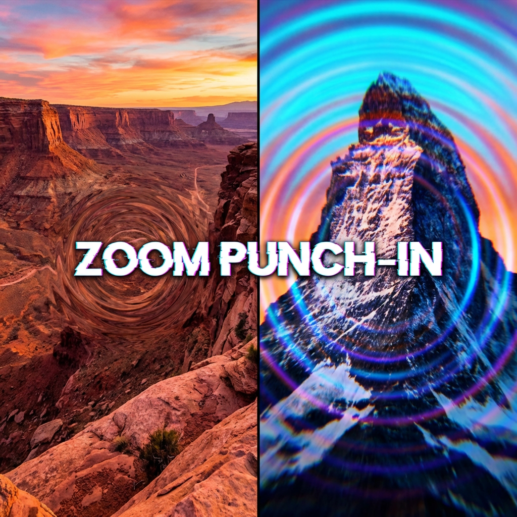 Zoom punch-in AI video transition effect between landscape shots with concentric ripple shockwave and vibrant saturated colors