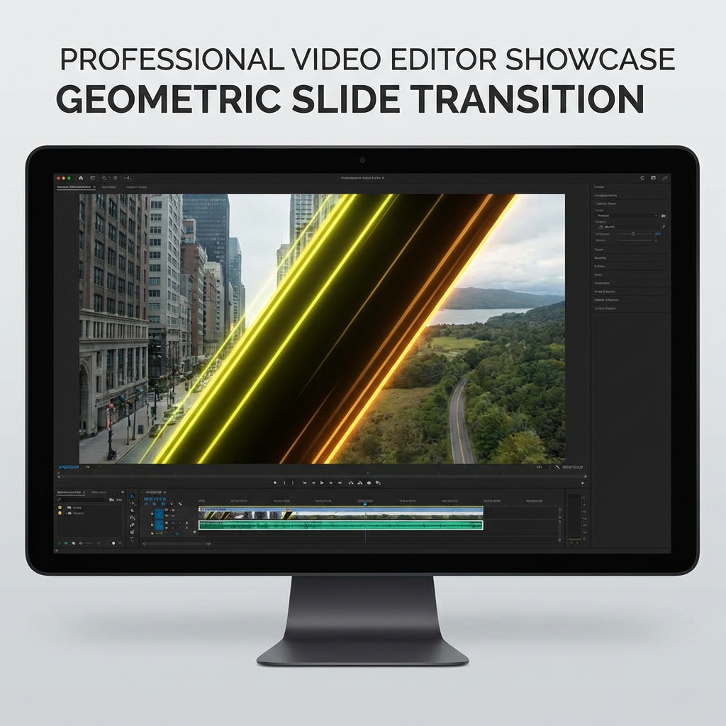 Split-screen geometric slide AI video transition effect with diagonal wipes and neon yellow amber accent lines