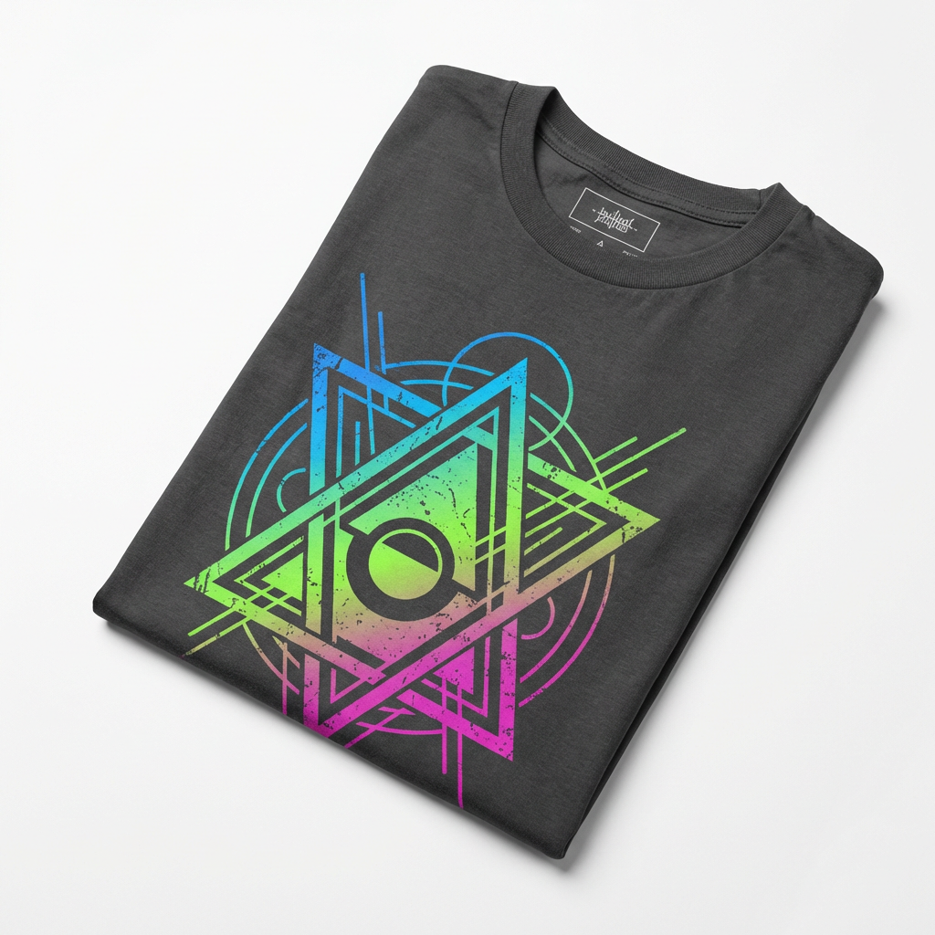 AI design for apparel — modern streetwear t-shirt with bold abstract geometric graphic print