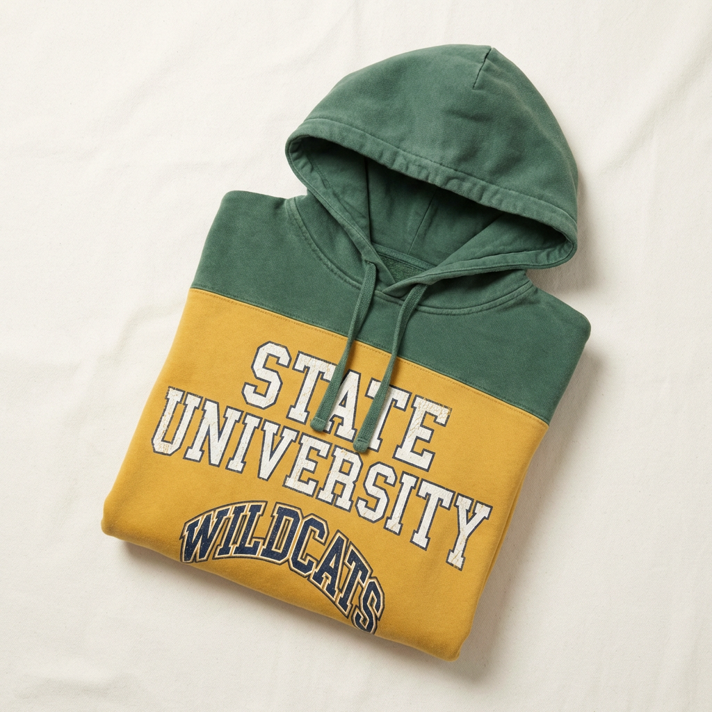 AI clothing design — vintage retro sportswear hoodie with college varsity typography graphic