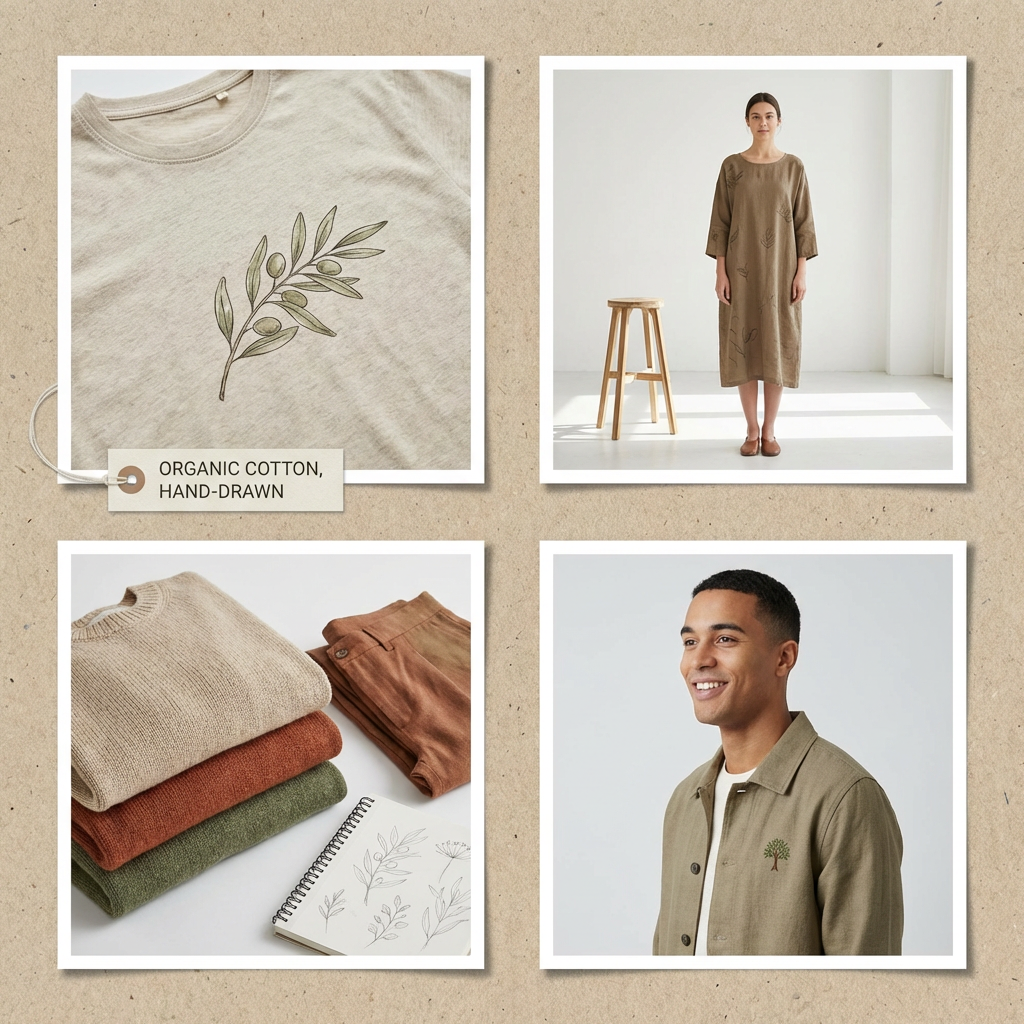 AI apparel graphics — sustainable eco-friendly clothing collection with hand-drawn nature motifs