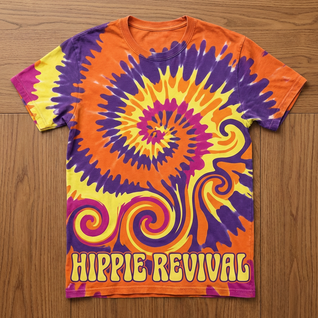 Creative fashion AI — bold psychedelic 70s tie-dye t-shirt pattern with retro graphic illustration