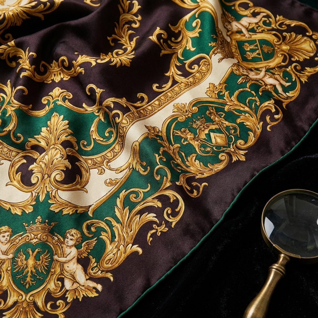 AI fashion illustration — luxury silk scarf pattern with intricate baroque ornaments in gold and emerald