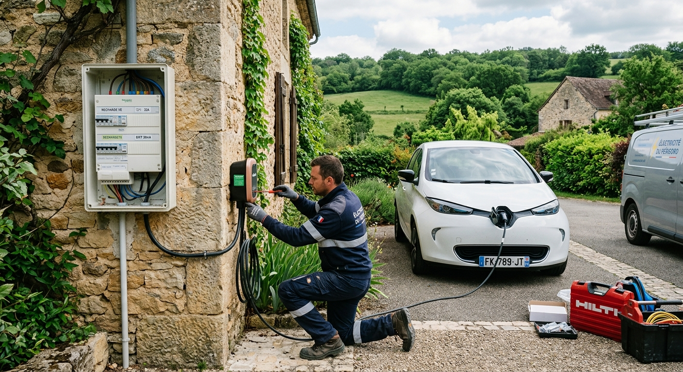 Installateur professionnel installant une borne de recharge électrique IRVE dans un parking résidentiel rural avec un véhicule électrique branché.