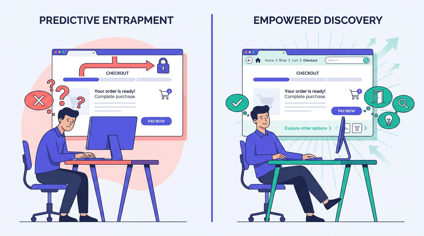 Predictive UX design showing escape hatches for users who deviate from predicted paths