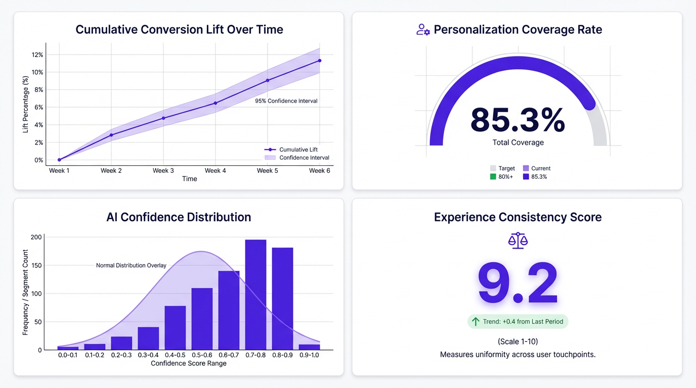 AI-driven conversion rate optimization measurement dashboard with four key metrics