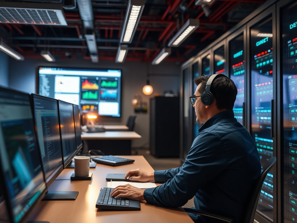 Illustration of a person configuring a self-hosted server for learning and skill development.