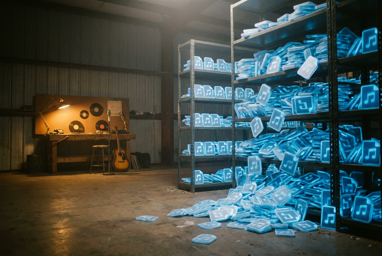 alt text: A warehouse overflowing with identical glowing digital music files, spilling out of shelves and piling up on the floor, while a small section in the corner shows handcrafted vinyl records and instruments glowing warmly