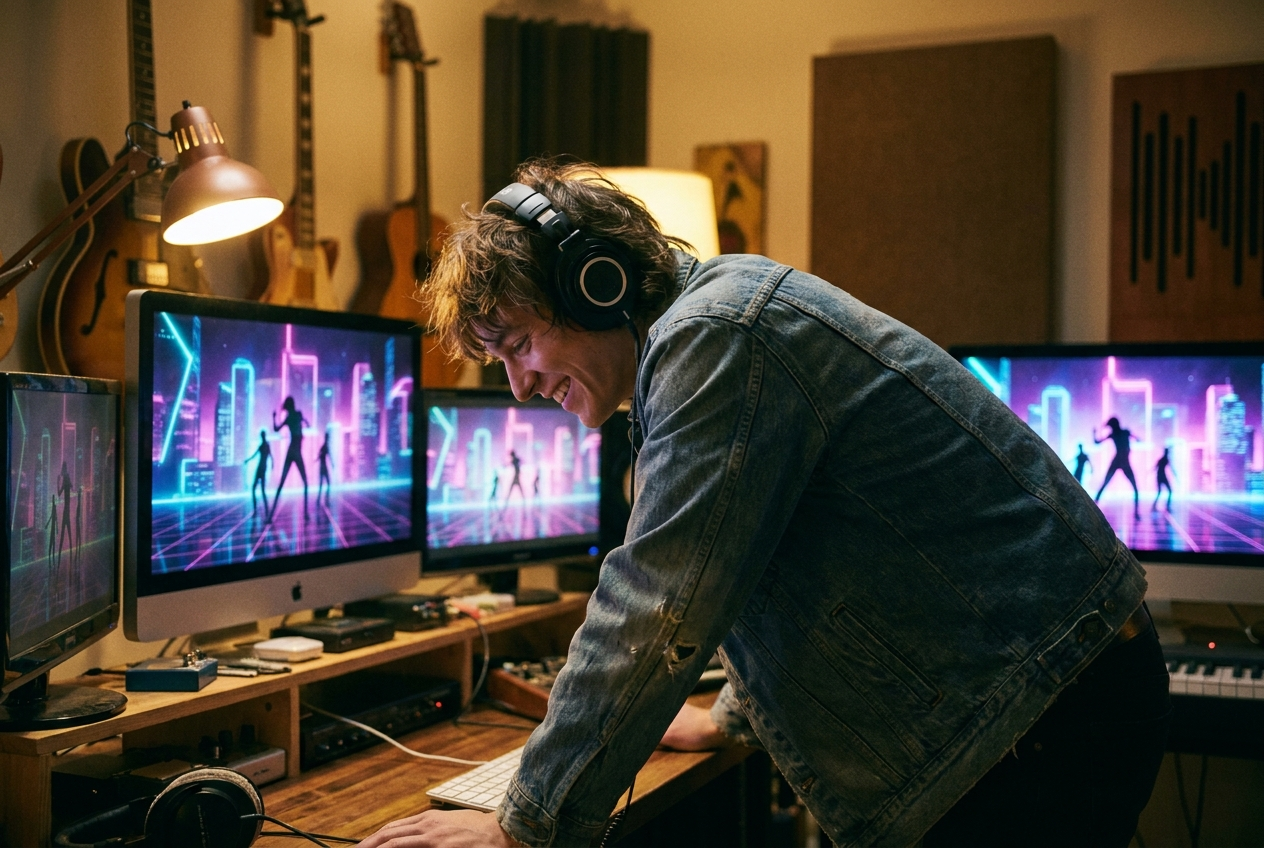 alt text: A musician creating visual content in a home studio with multiple screens showing music video scenes