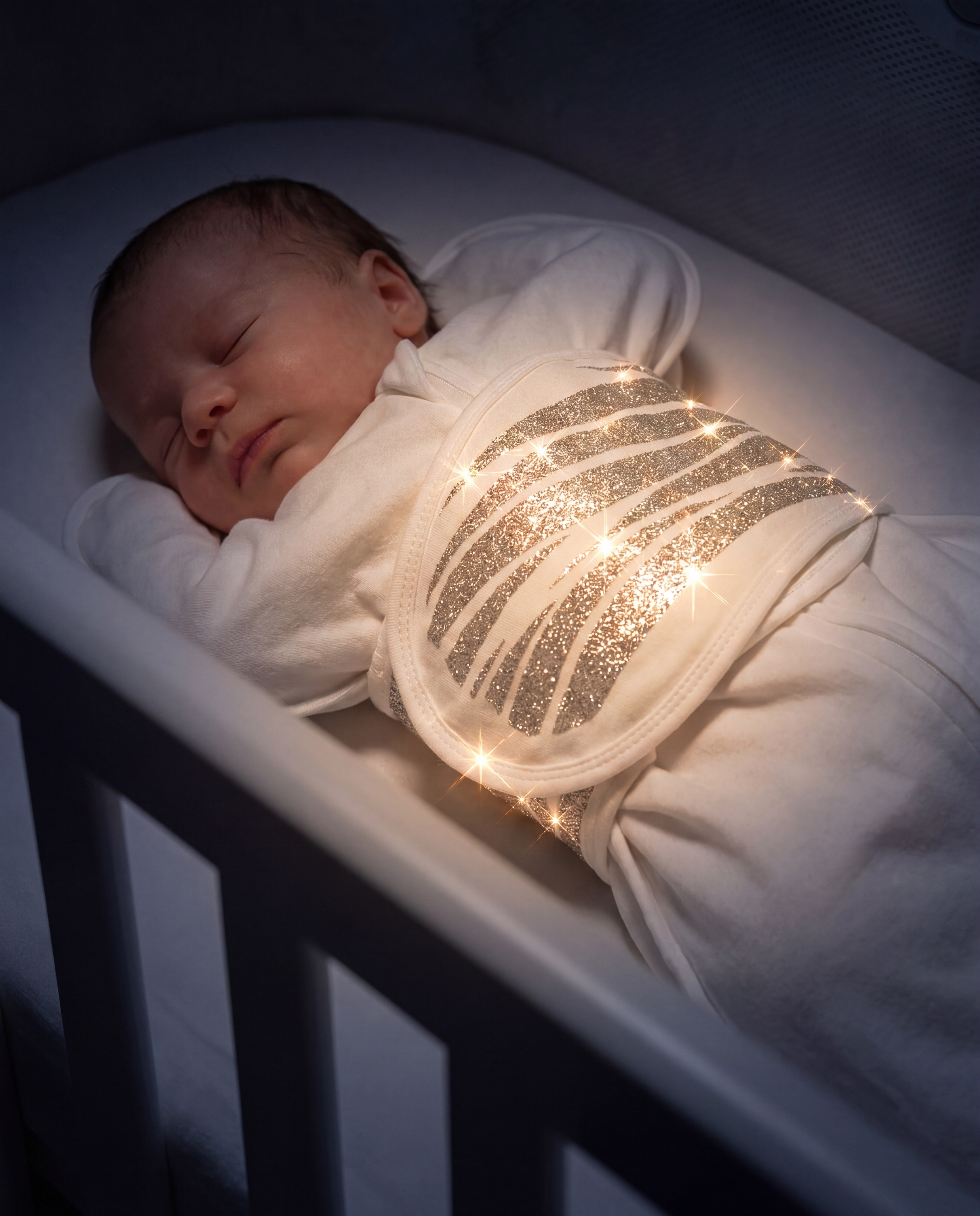 Sleeping baby in cot wearing the Sleep of Mind sleep sack, silver stripes glowing softly on the chest.