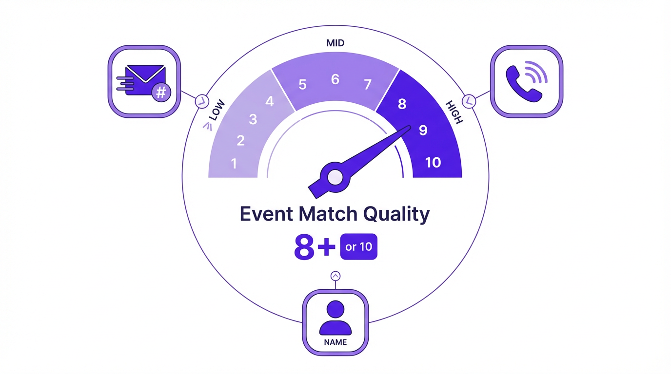 Illustration of a high Event Match Quality score, a key metric for Meta's one-click CAPI.