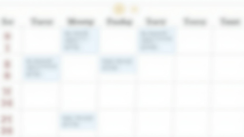 A calendar showing months of content planning with some dates marked with article titles, representing long-term content strategy and persistence