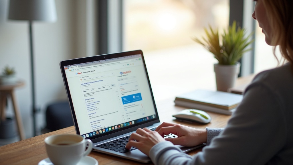 A solo blogger working at a desk with multiple browser tabs open showing Google Search Console and keyword research tools, coffee cup nearby, natural lighting