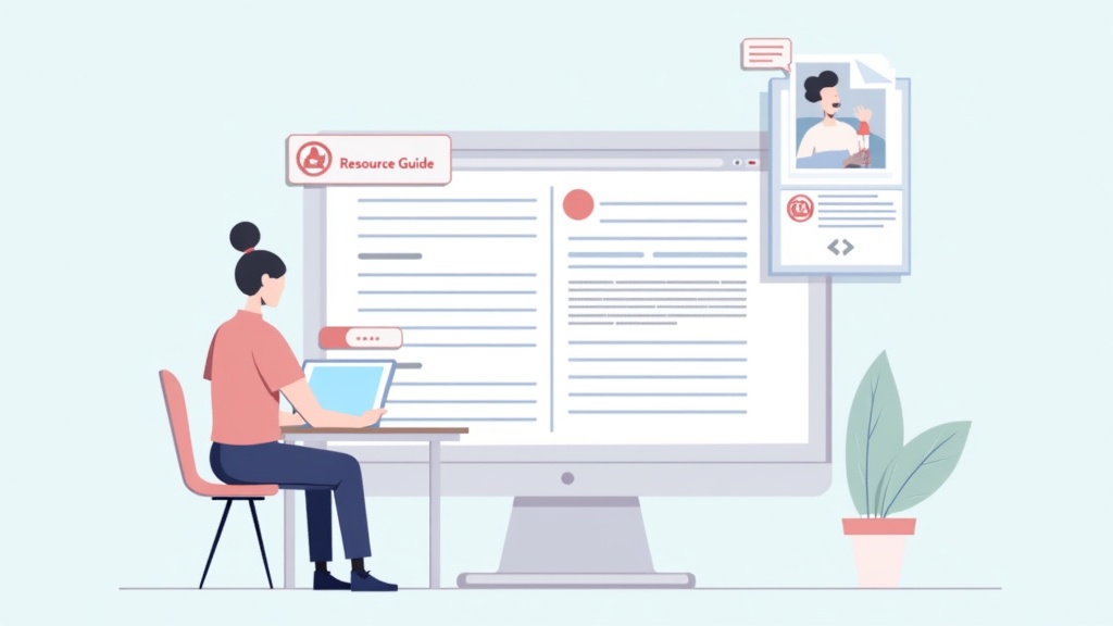 Email outreach illustration showing a blogger composing a personalized email to another website owner, with a resource guide document visible on screen