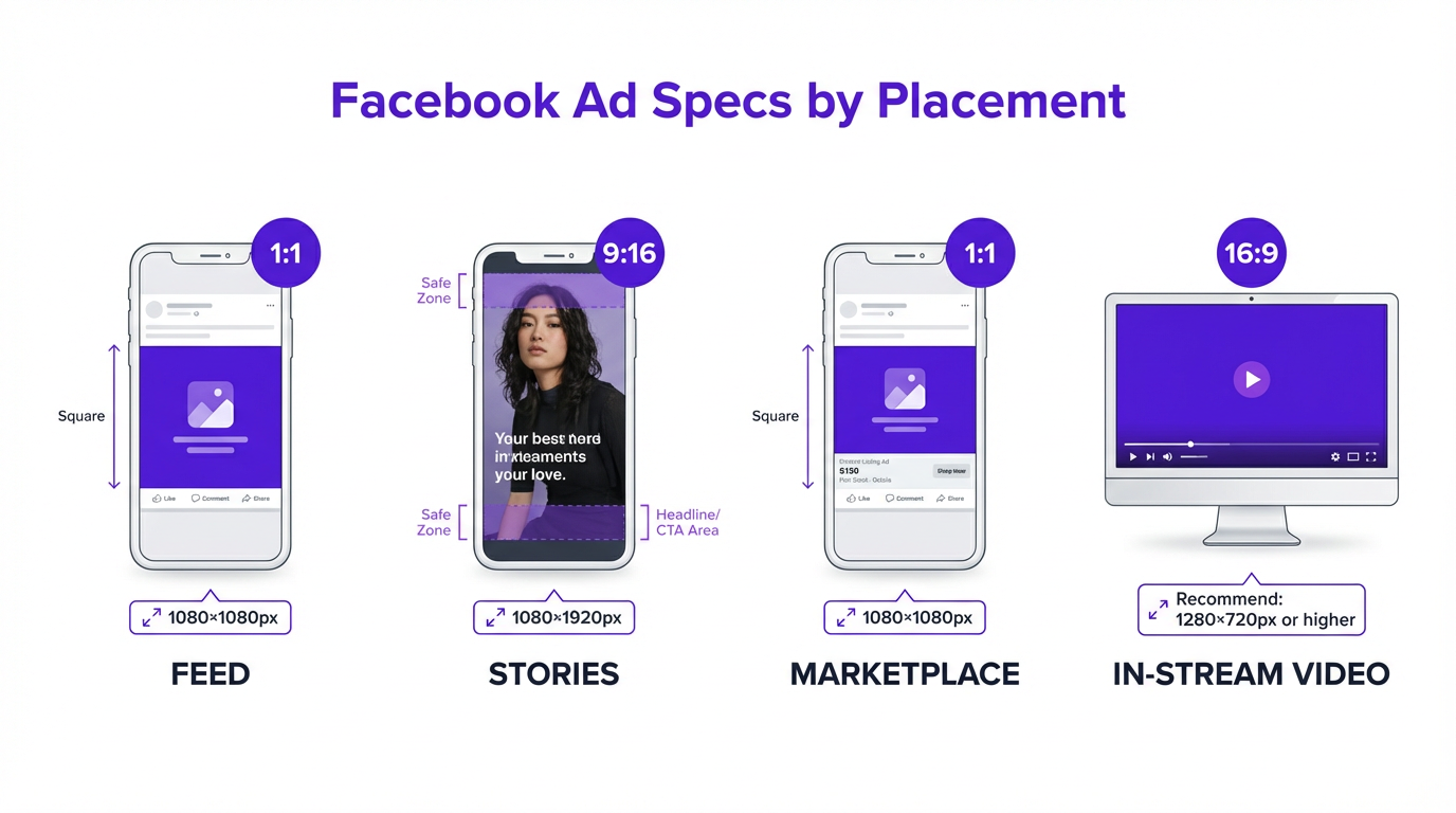 Facebook ad sizes comparison for Feed, Stories, Marketplace, and In-Stream placements