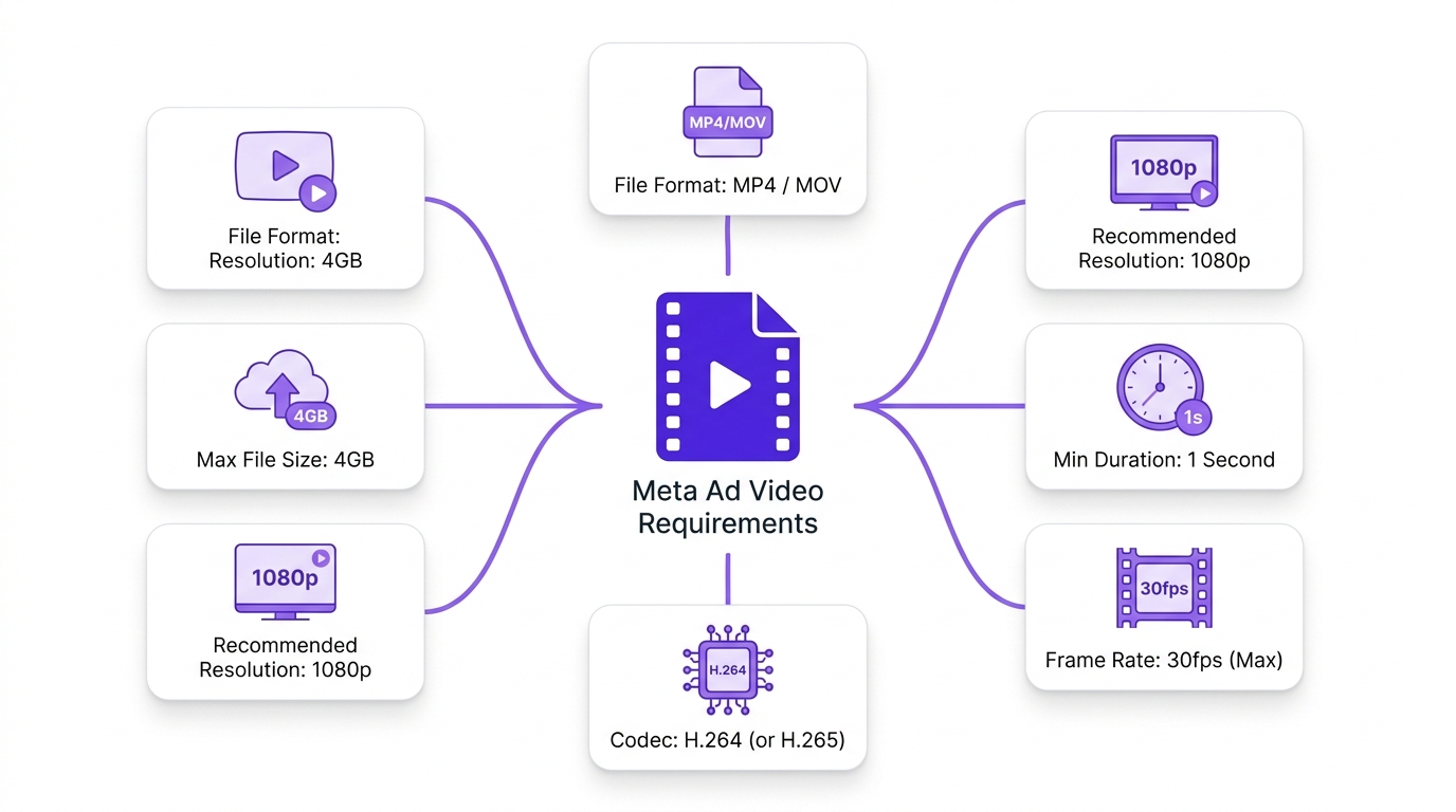 Meta ad video file requirements diagram showing codec, format, and size limits