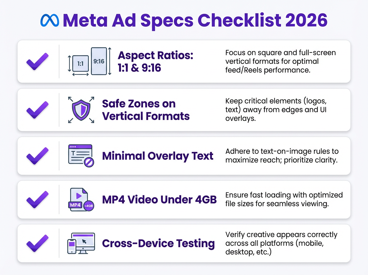 Meta ad dimensions checklist summarizing key specs for 2026