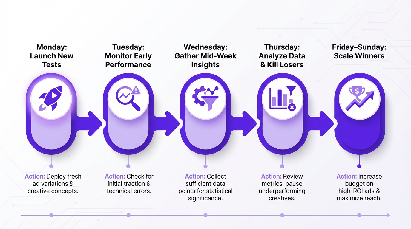 Diagram of a weekly creative testing cadence for ad campaigns.