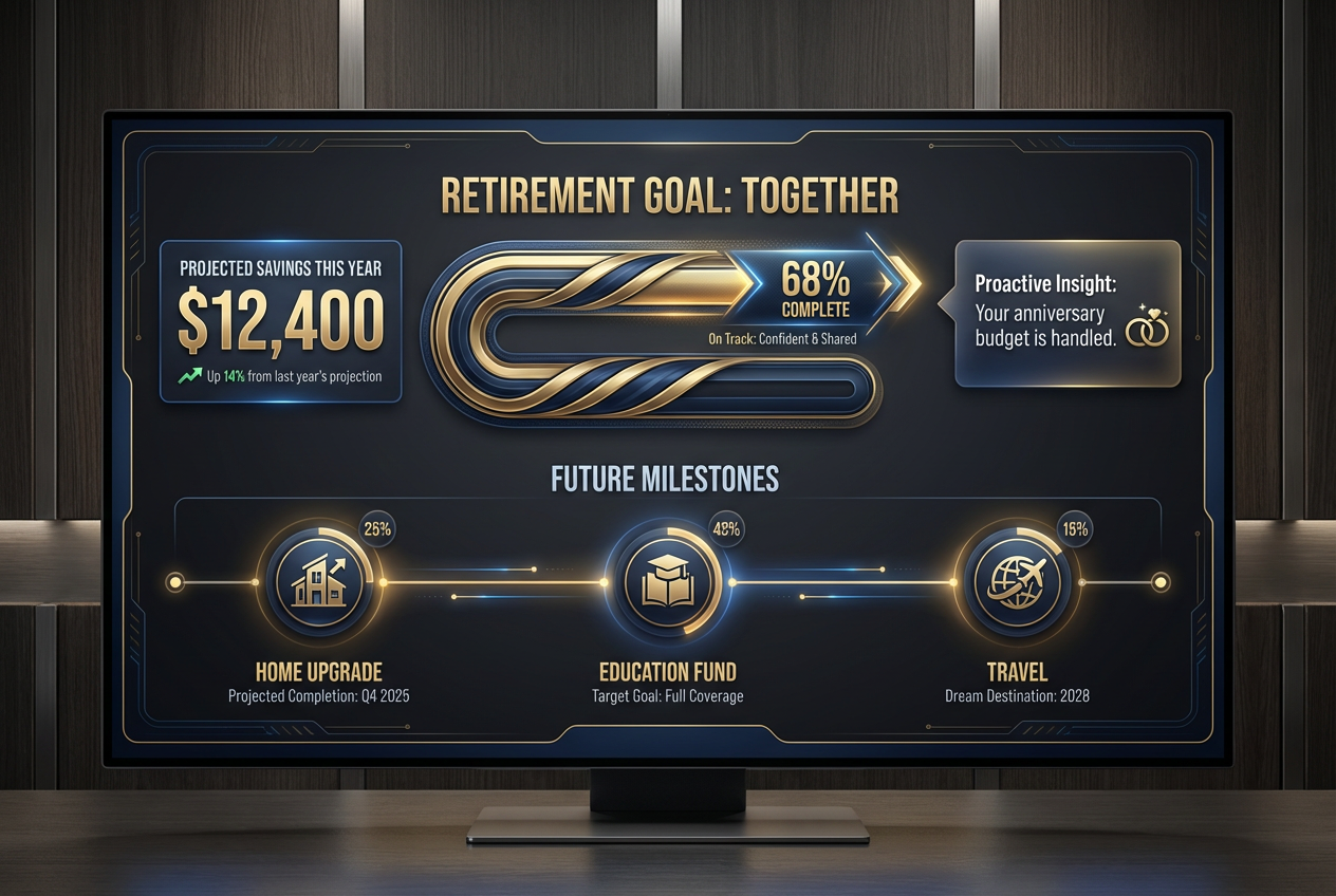 User interface mockup of a personalized finance app showing a retirement progress bar and shared goal status to build relationship confidence.