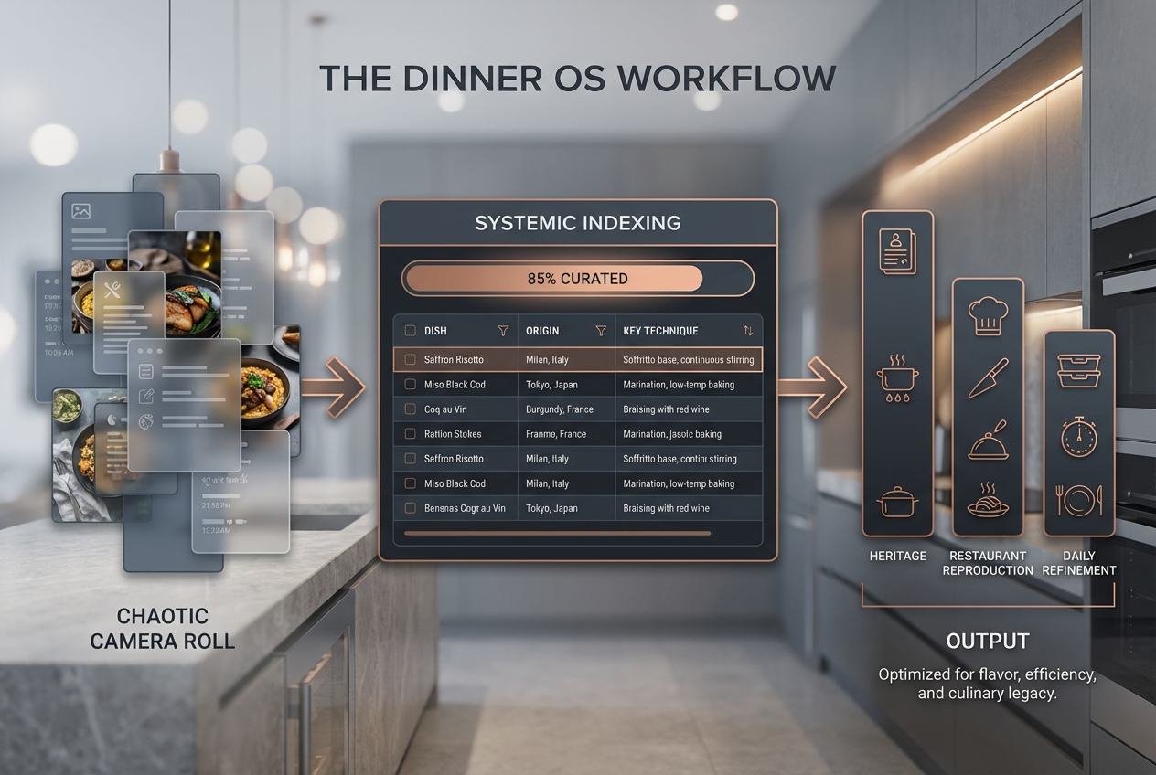 Infographic titled The Dinner OS Workflow showing the transition from a chaotic camera roll to an organized culinary database with technical tags.