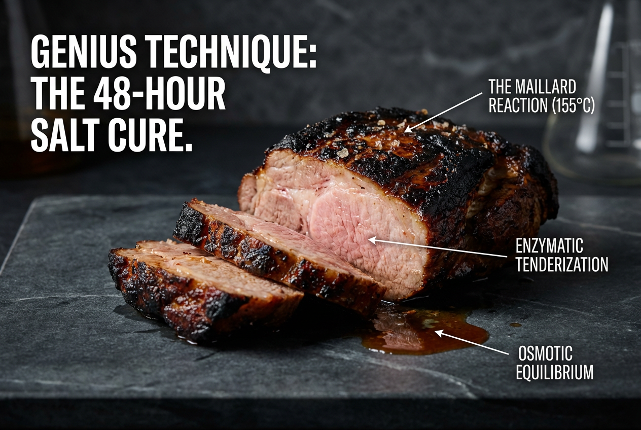 Close-up of a seared roast with technical labels identifying the Maillard reaction and salt-cure techniques used by professional chefs.