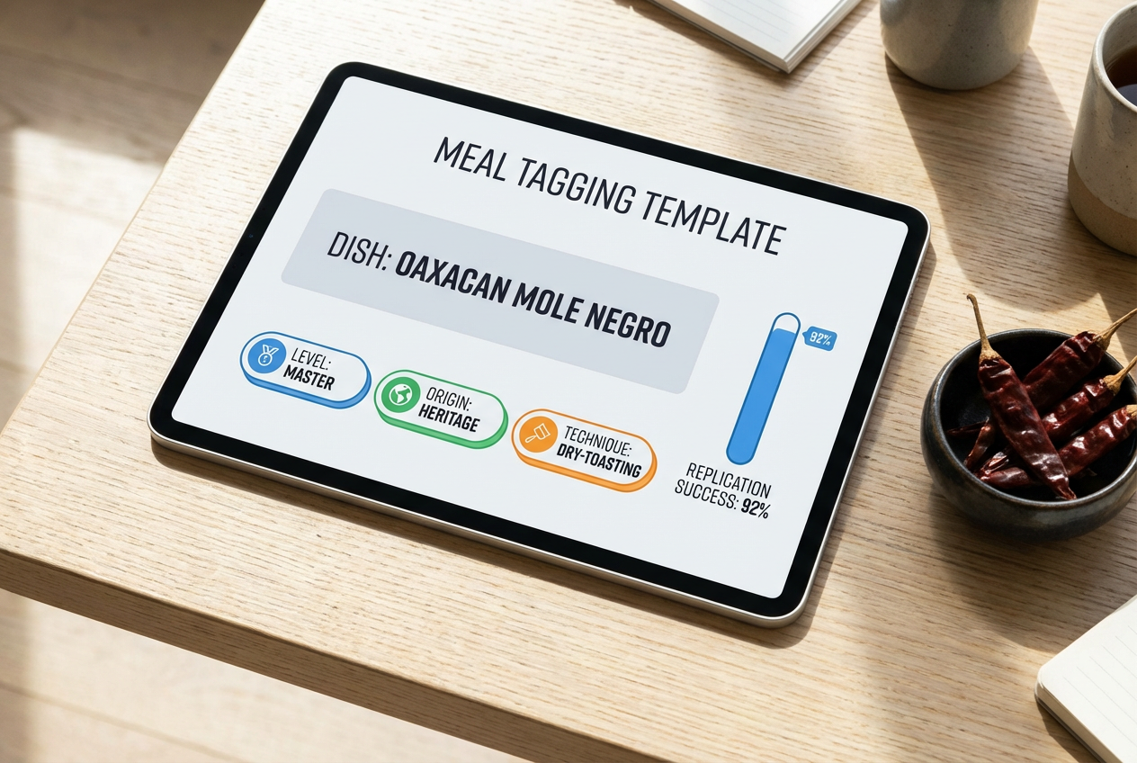 A digital tablet showing a meal tagging template with categories for origin, level, and technique next to culinary ingredients.